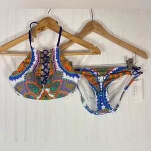 Trina Turk Blue Multicolor Floral Chain Embellished Tie 2Pc Bikini Set Sz 2